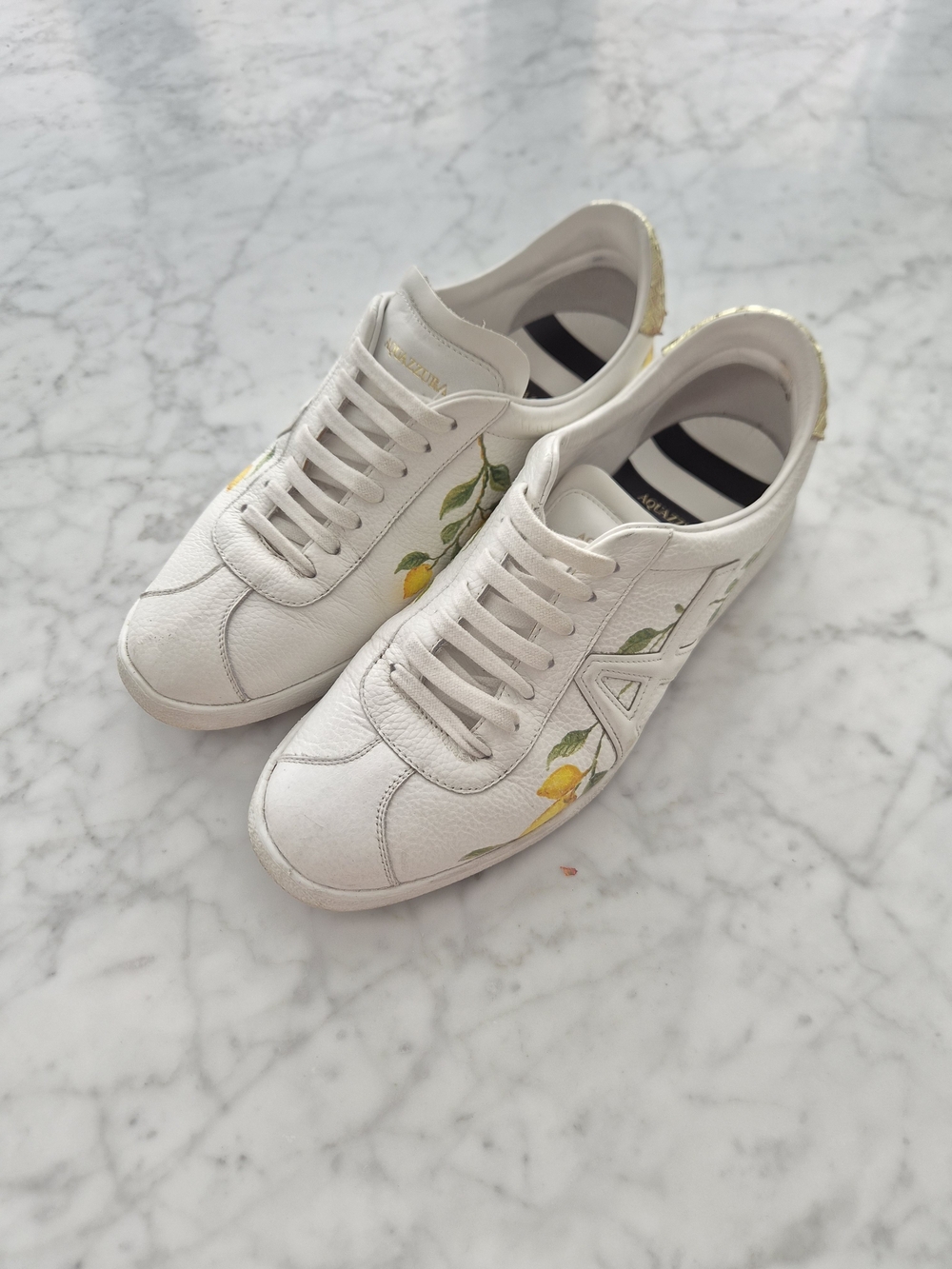 Aquazzura Women’s White Leather Sneakers with Lemon Embroidery - Designer Style